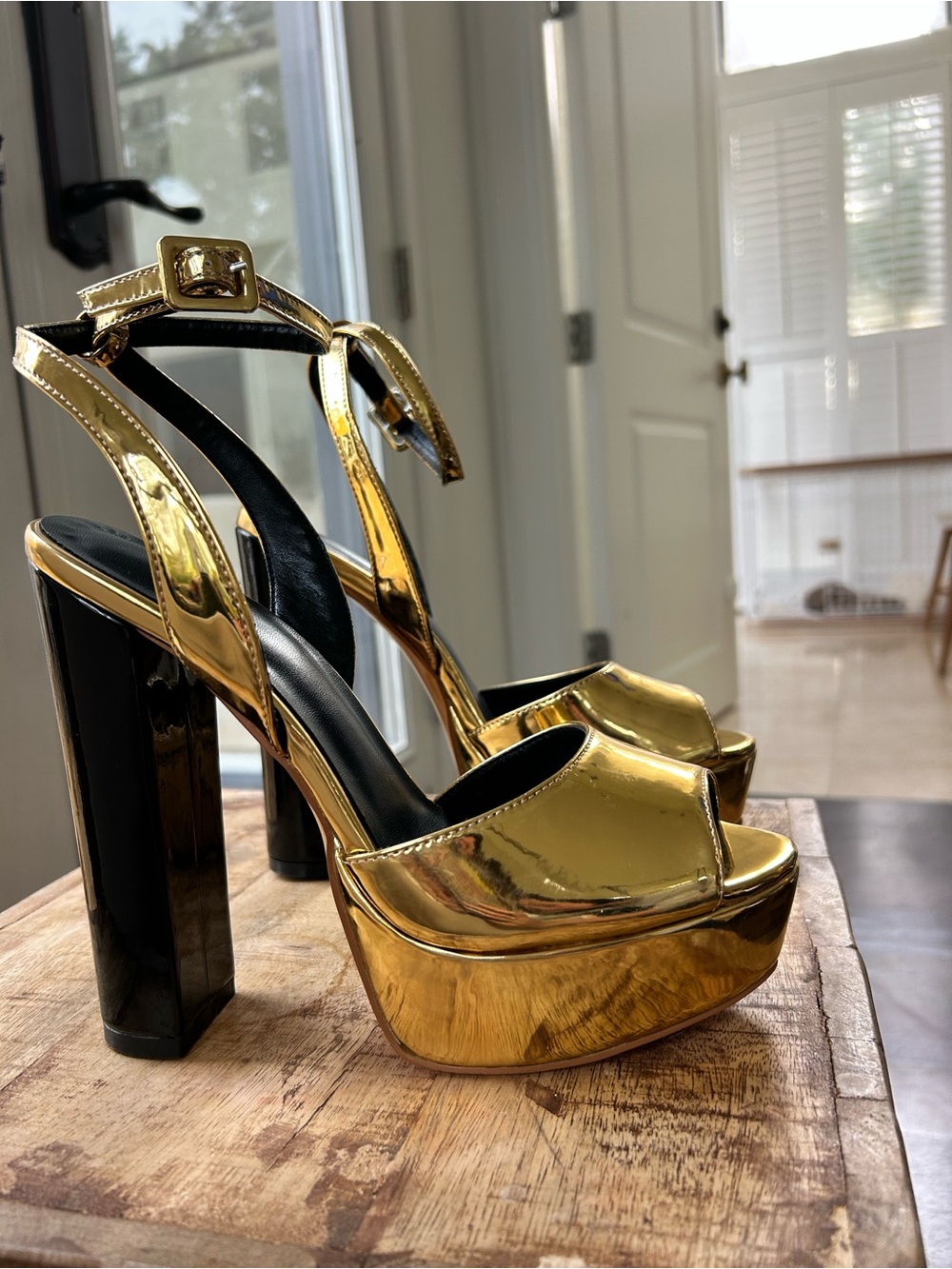 Metallic Gold Platform Sandals with High Block Heel - Women's Dress Sandals